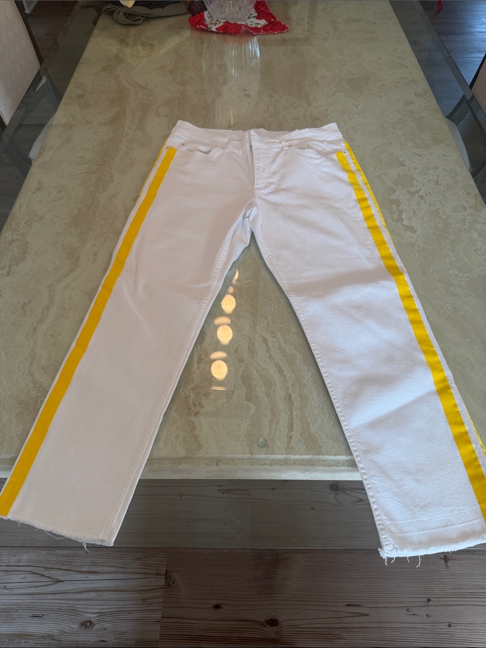 White Women’s Jeans with Yellow Side Stripe